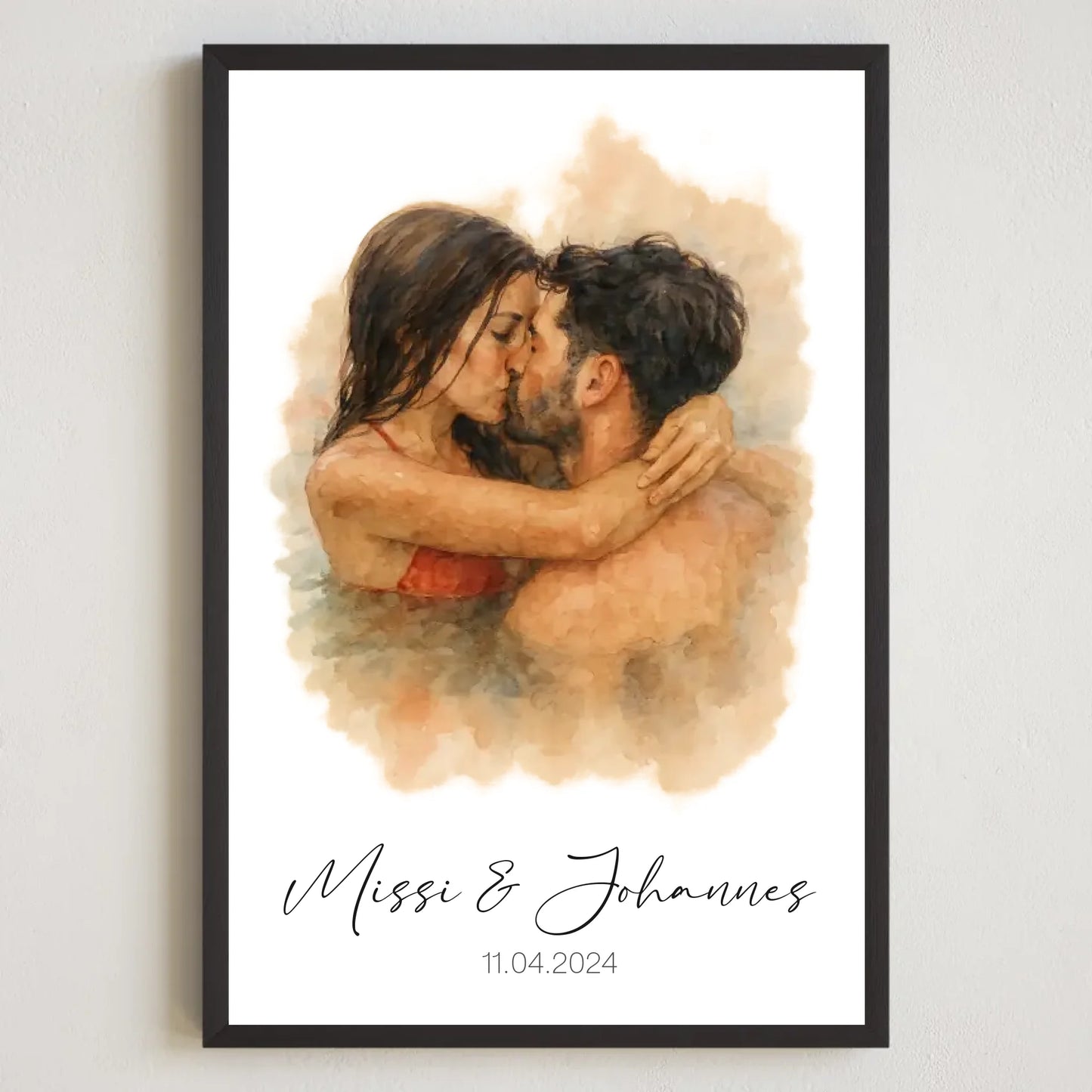 2x3  Schwarz Rahmen personalisiertes Paar Aquarell Bild 