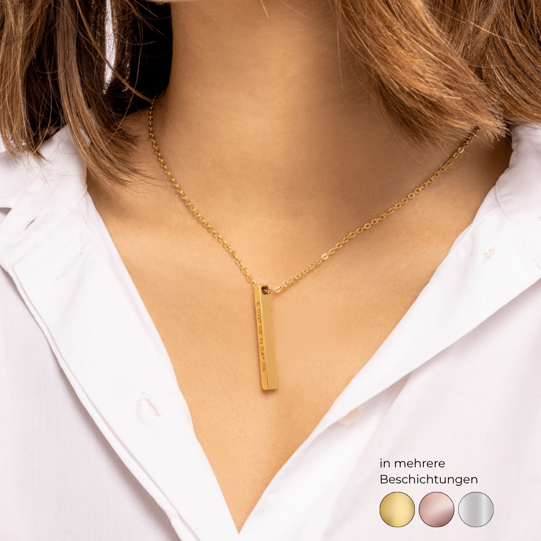Gravierter Koordinaten 3D Barren - personalisierte Halskette